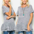 Cotton Super Soft Women Fashion Long Sleeve Denim Ruffle-Hem Scoop Neck Tunic Tops Wholesale Custom Manufacturer Blouses Tops